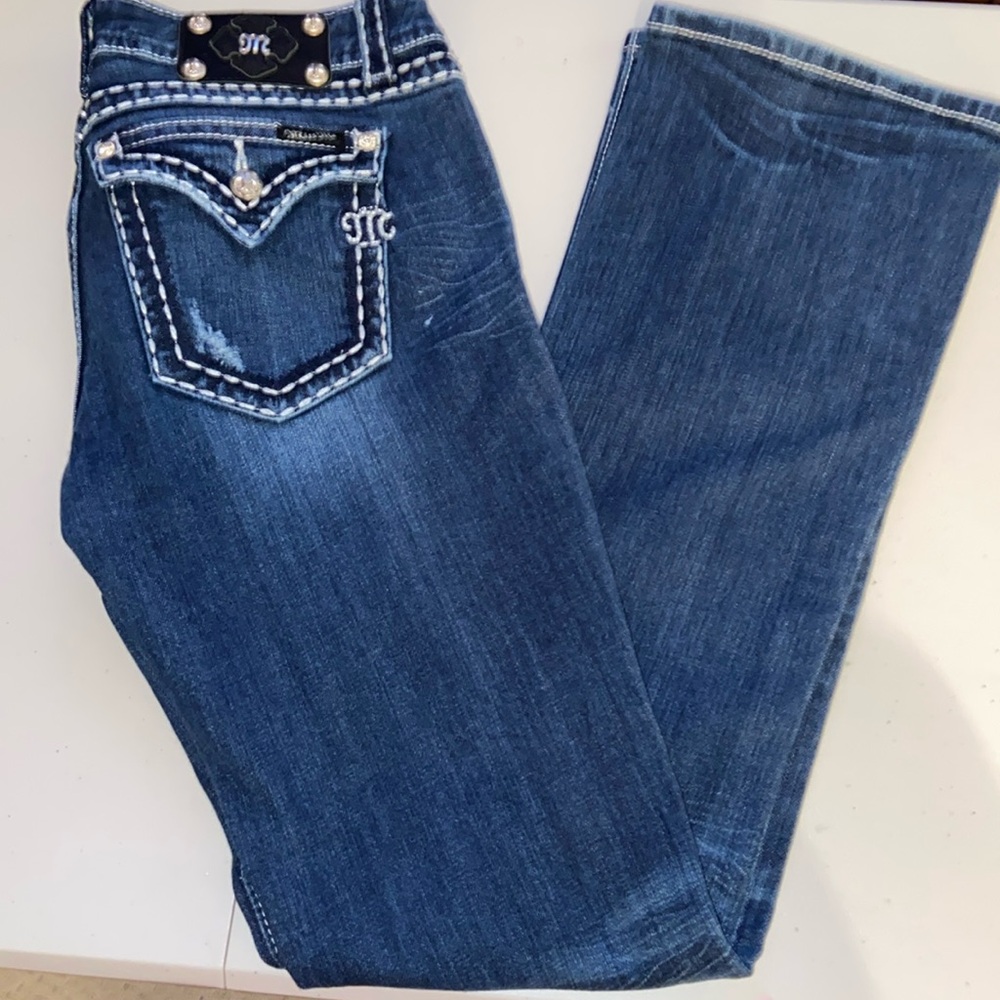 Miss Me Skinny Thick Stitch Bootcut Destructed Jeans